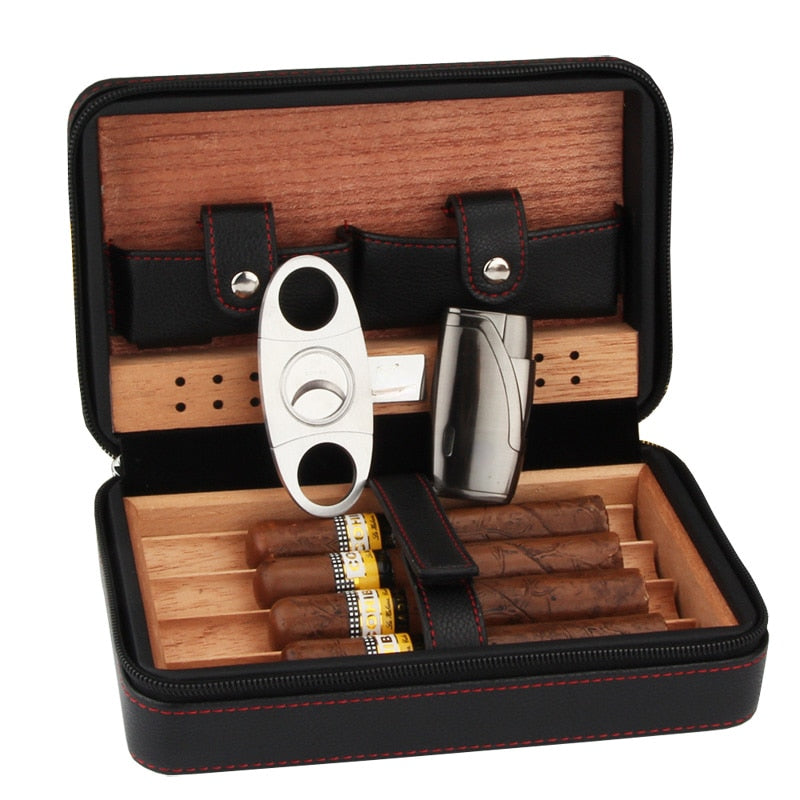 Leather & Cedar Cigar Humidor- Black